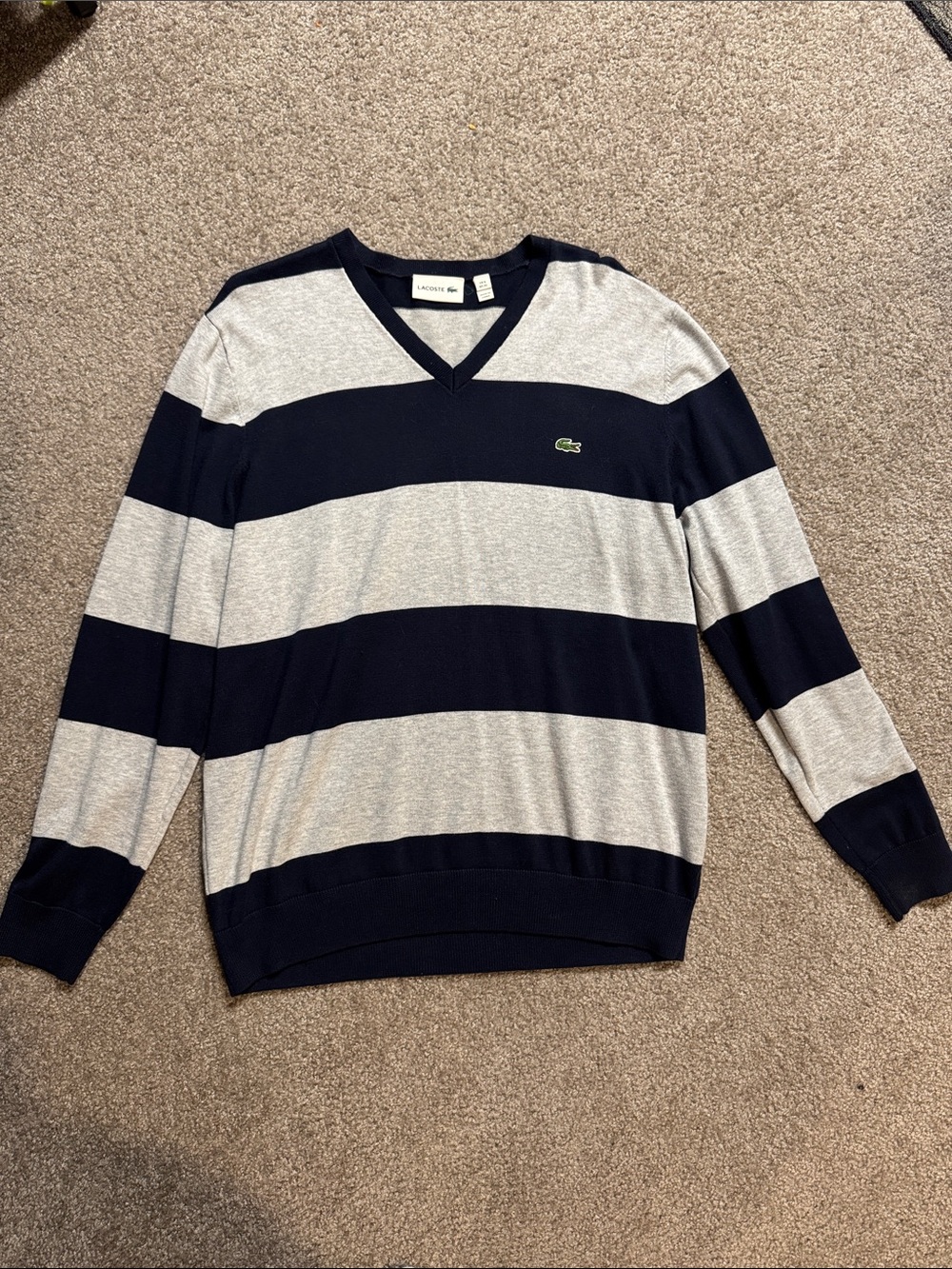 Lacoste Men’s Navy and Light Gray Striped V-Neck Sweater